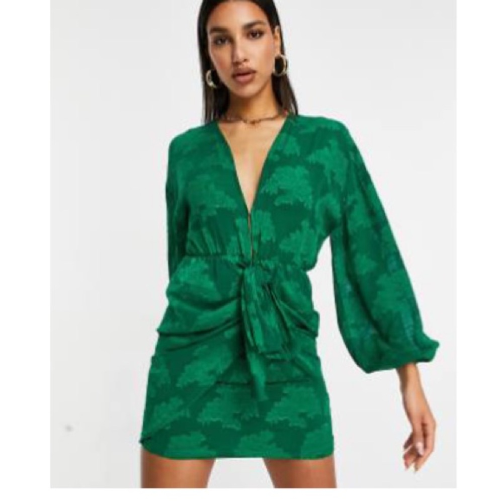 ASOS DESIGN plunge tie front mini dress in floral jacquard in green